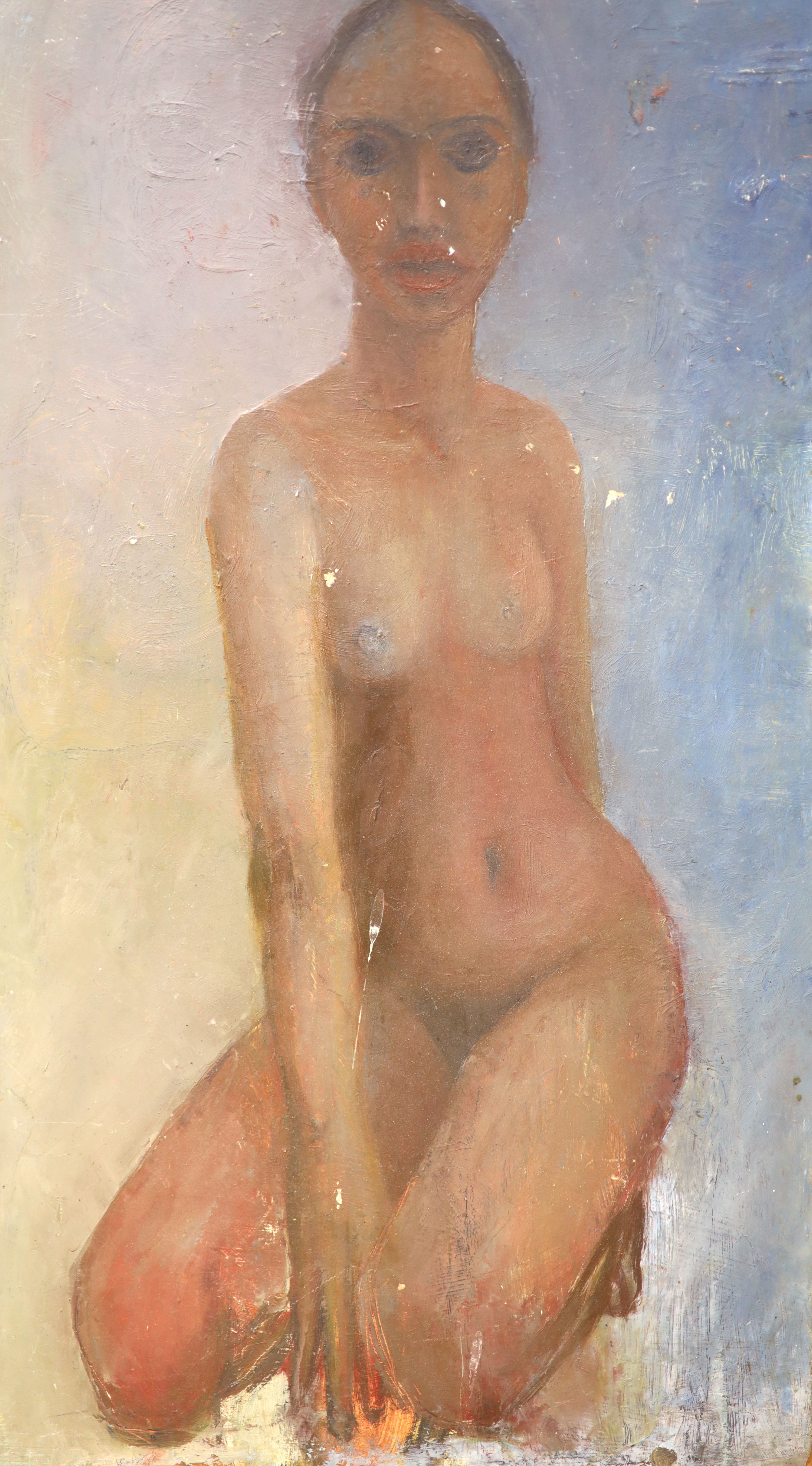 Modern British, oil on board, Study of a kneeling nude, 61 x 34cm, unframed